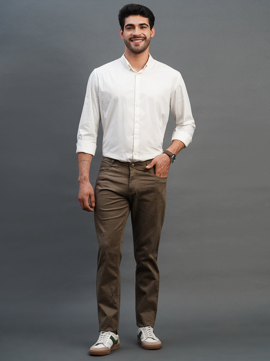 OLIVE BROWN SLIM FIT DUST FREE TROUSERS