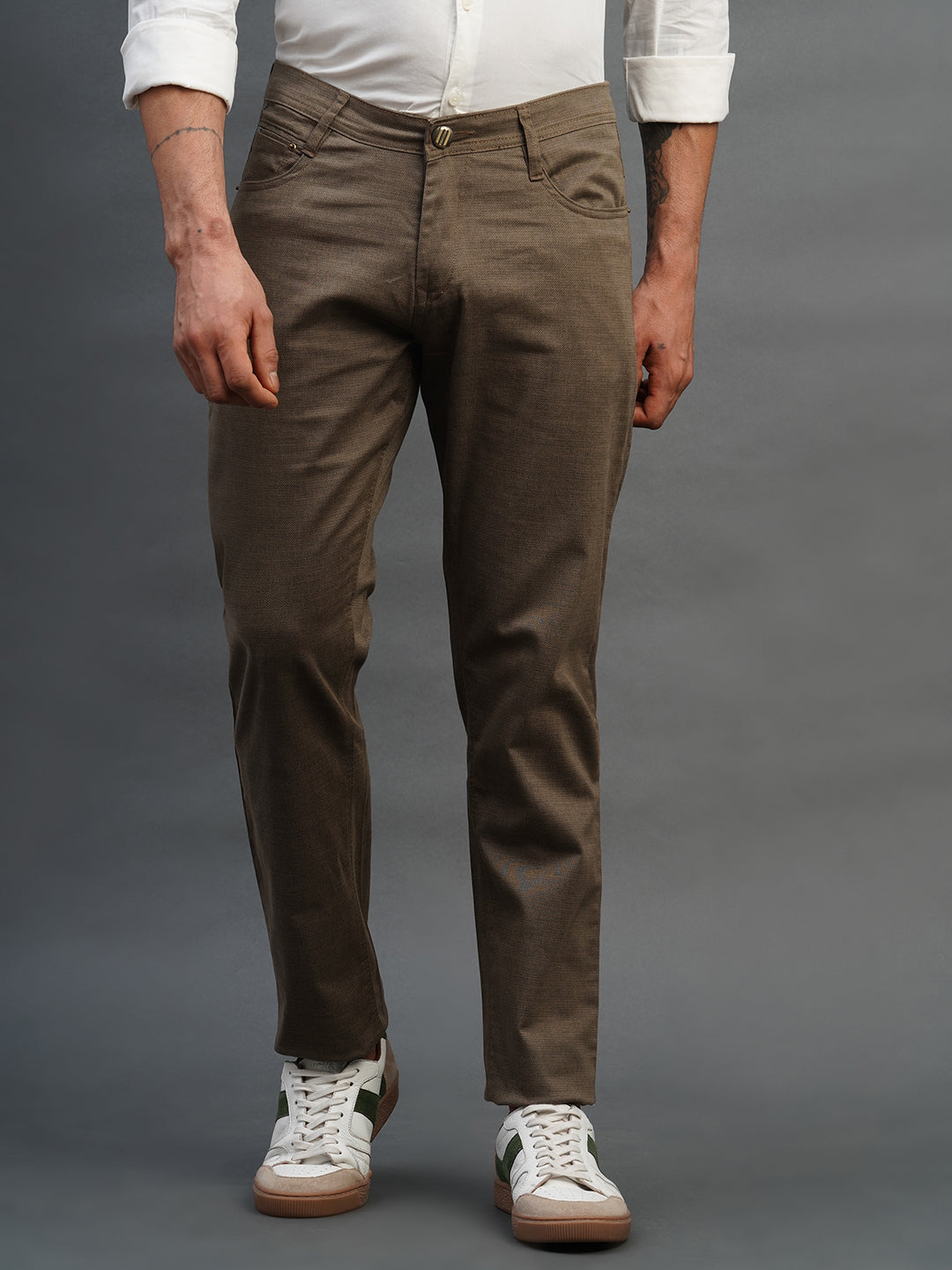 OLIVE BROWN SLIM FIT DUST FREE TROUSERS