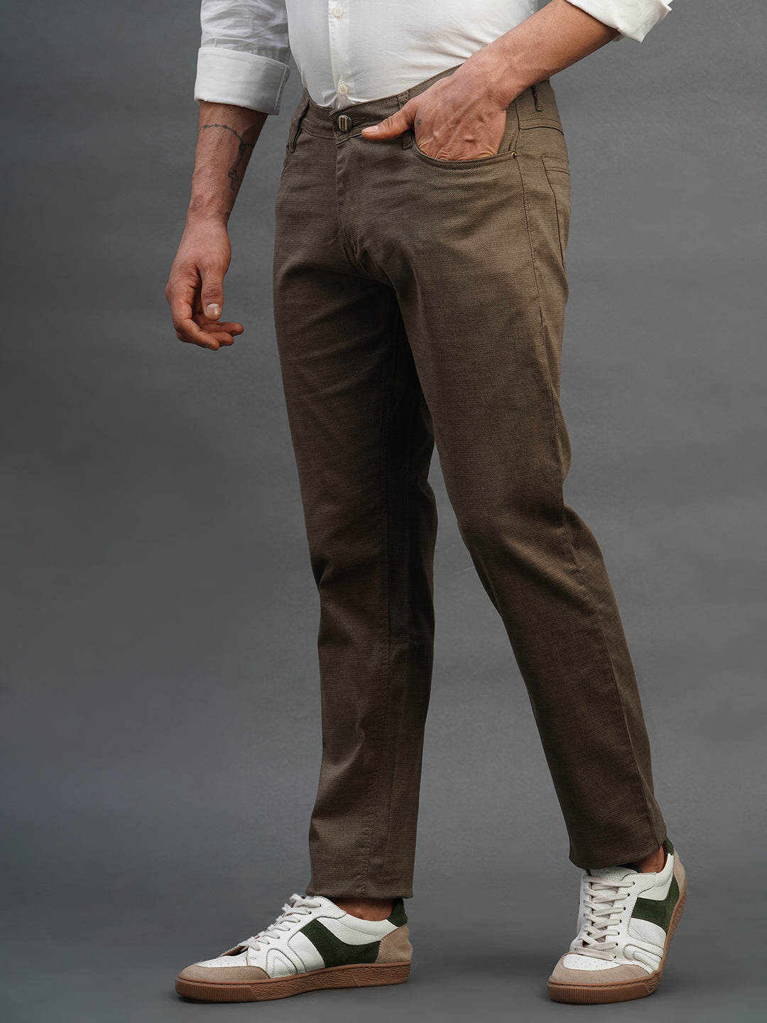 OLIVE BROWN SLIM FIT DUST FREE TROUSERS